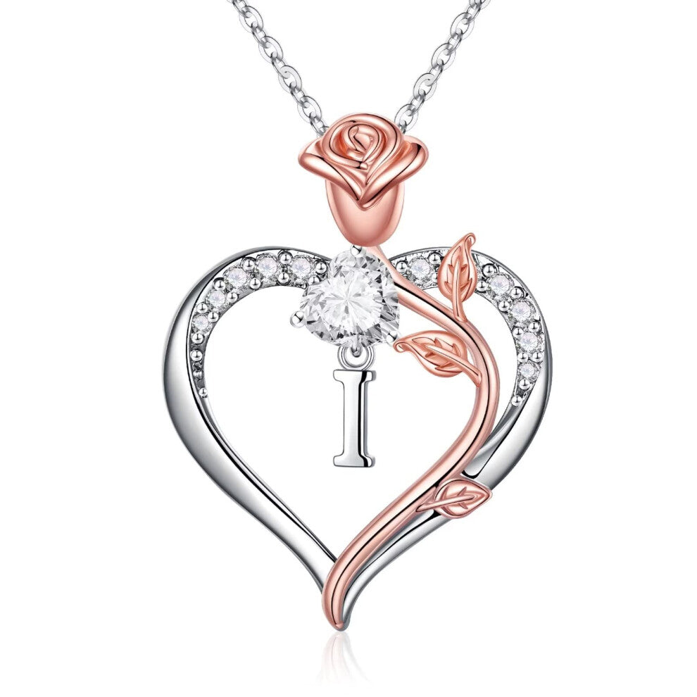 STORUP Gifts for Women - Rose Flower Heart Initial Necklace Letter I Pendant Necklace for Women Mothers Day Valentines Christmas Gifts for Mom Wi