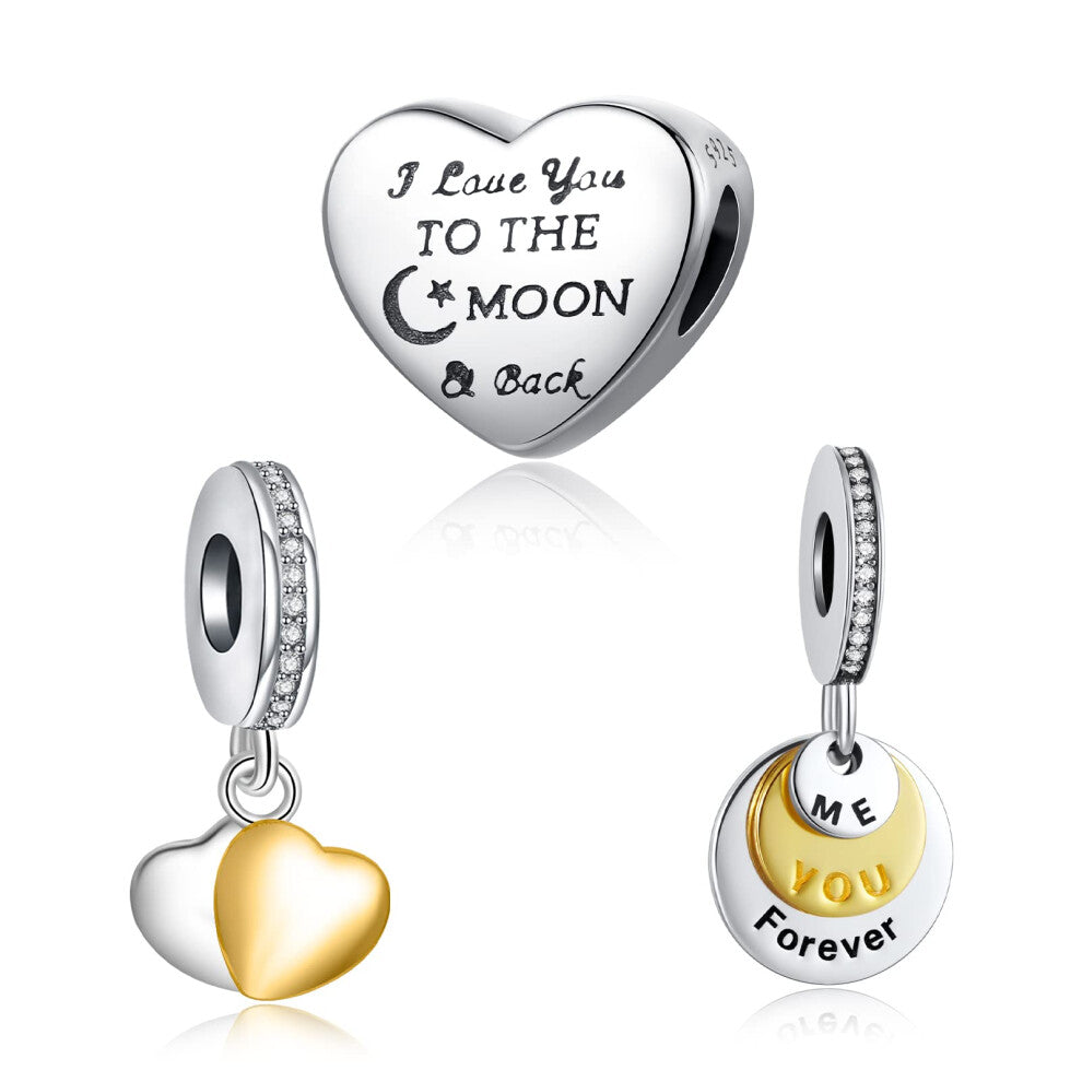 Doyafer 925 Sterling Silver Heart Charm 'I Love You To The Moon Back ' Valentine's Day Pendant Gift 3 Piece-Package