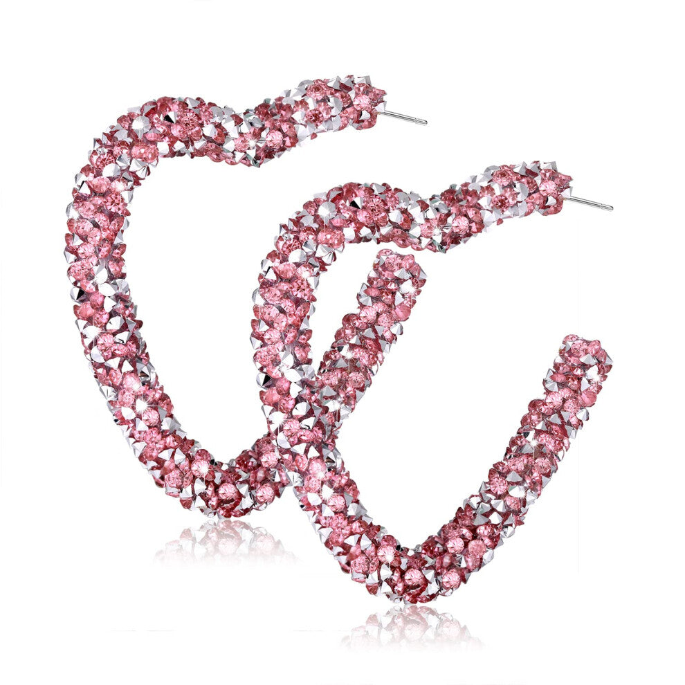 NLCAC Glitter Heart Hoop Earrings Bohemian Sparkle Resin Rhinestone Wrapped Heart Valentines Earrings for Women (Pink-Heart)