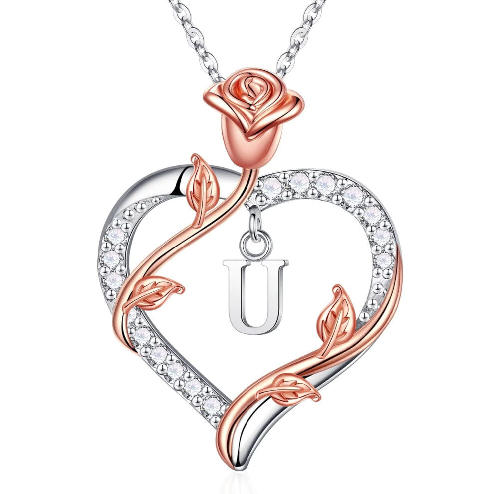 Iefil Unique Rose Heart Initial Necklace  925 Sterling Silver Rose Love Heart Initial U Letter Pendant Necklace Jewelry  Valentines Day Gifts  Anniver