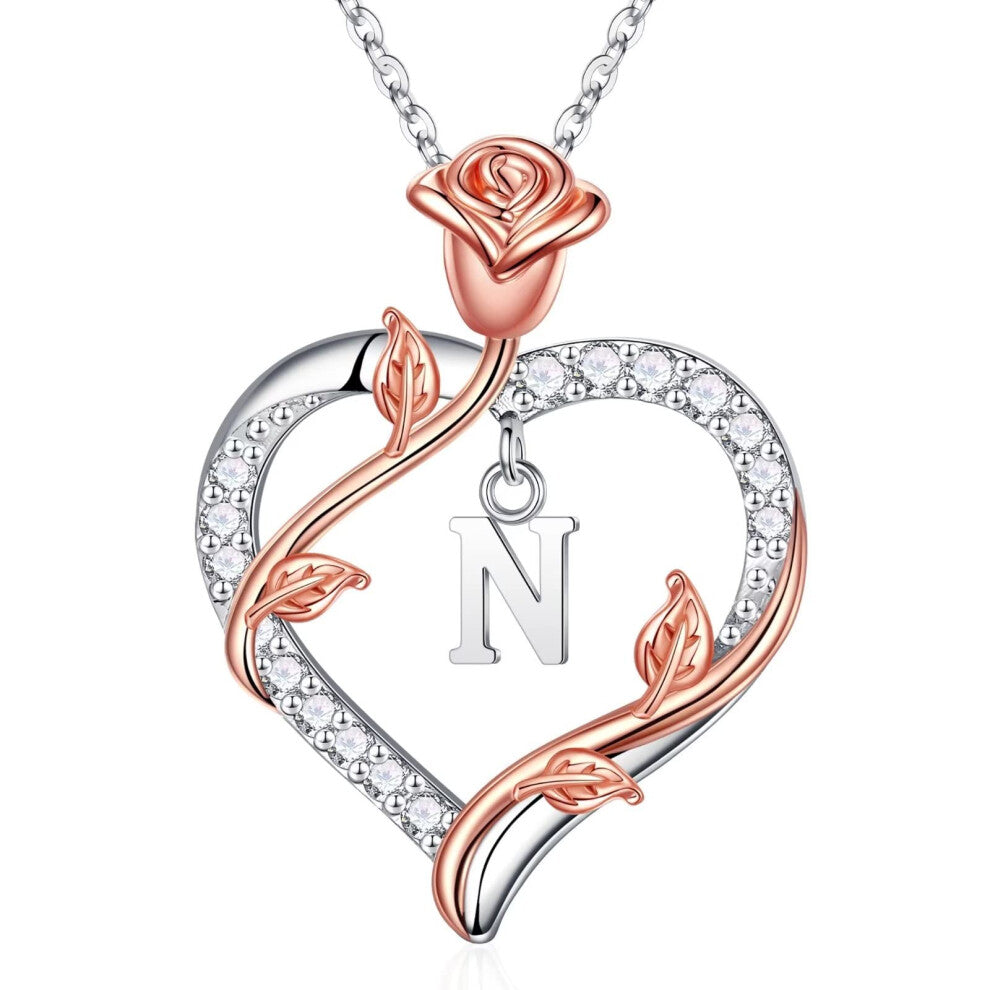 Iefil Necklace Gifts for Women  925 Sterling Silver Rose Love Heart Initial M Letter Pendant Necklace Jewelry Mothers Day Valentines Day Gifts for Mom