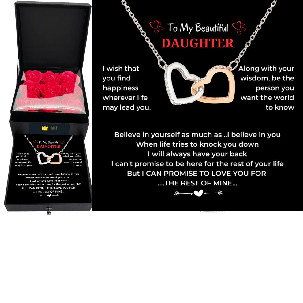 LOVAMILY Daughter Necklace Gift from Mom Dad Interlock Heart Pendant with Message Card in Red Eternity Rose Flower Box Present on Birthday Valentine's