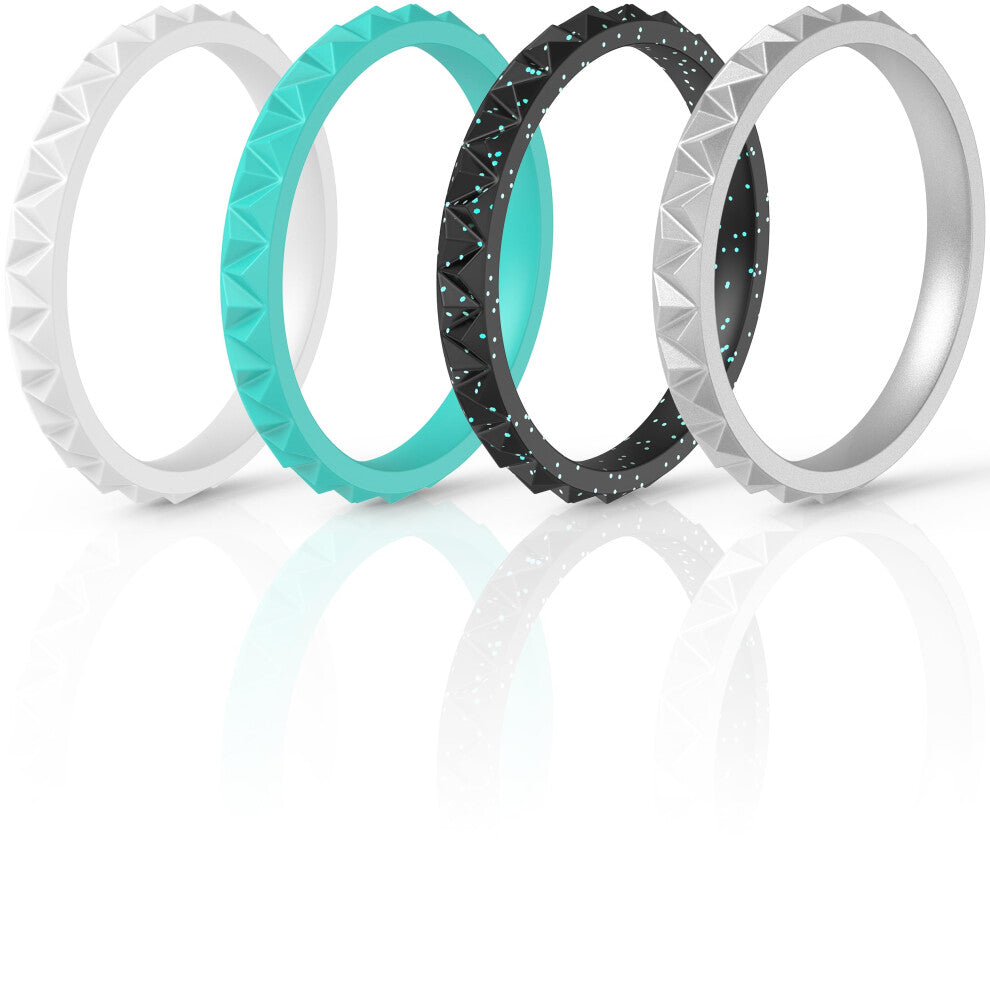 ThunderFit Womens Triangle Diamond Stackable Rings 4 Pack Thin Silicone Wedding Rings (Black Teal Glitter  Teal  Women Silver  White  5.5-6 (16.5mm))