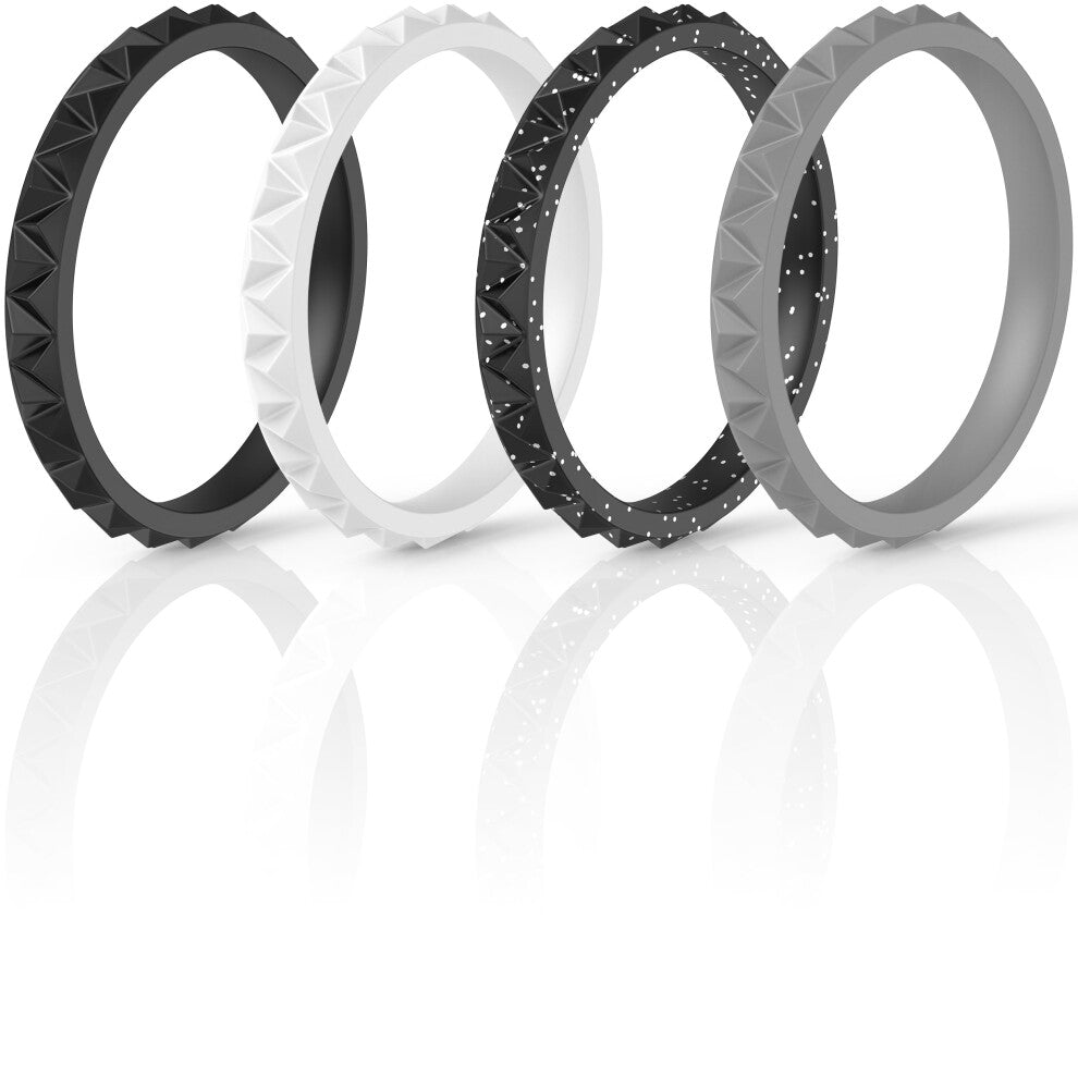 ThunderFit Womens Triangle Diamond Stackable Rings 4 Pack Thin Silicone Wedding Rings (Black  Black Glitter  Grey  White  9.5-10 (19.8mm))
