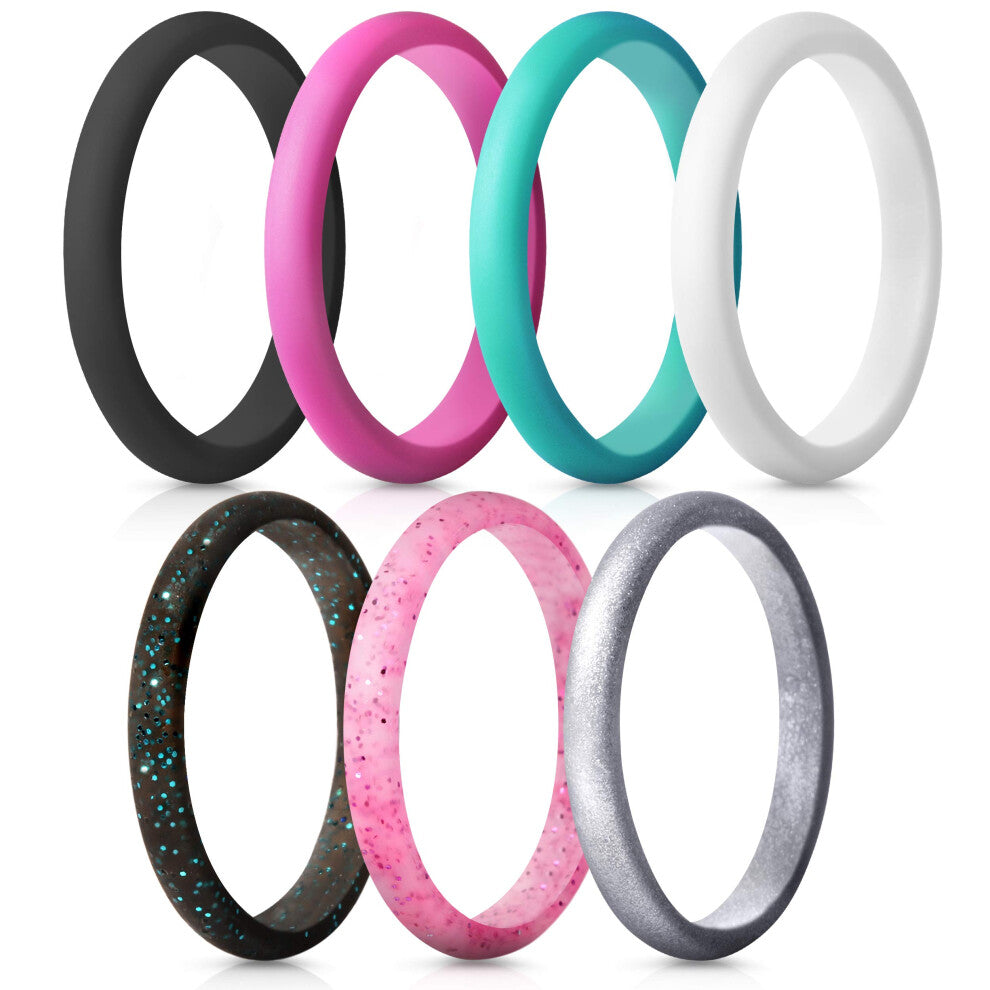 ThunderFit Women's Band Rings Thin and Stackable Silicone Rings Wedding Ring for Women - 7 Pack (Silver  White  Teal  Black Teal Glitter  Black  Rose