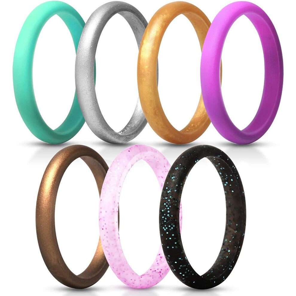 ThunderFit Women's Band Rings Thin and Stackable Silicone Rings Wedding Ring for Women - 7 Pack (Black with Turquoise Glitter  Turquoise  Copper  Silv