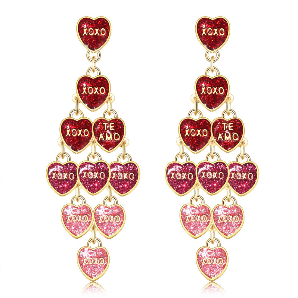 Valentines Day Earrings Multi Layer Red Glitter XOXO Heart Beaded Link Drop Dangle Earrings for Women Valentines Day Jewelry Accessories Gifts for Her
