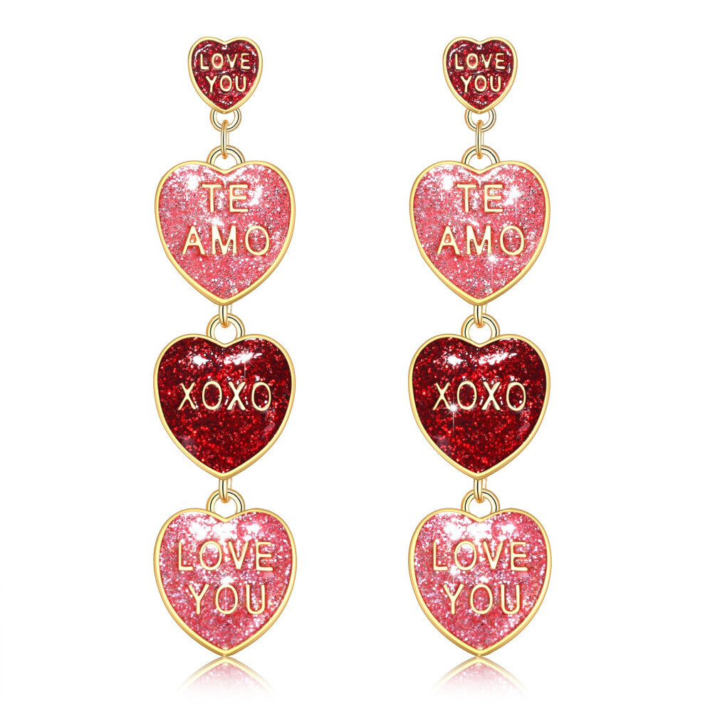 Valentines Day Earrings Triple Layer Glitter Pink Red XOXO LOVE YOU Heart Dangling Drop Dangle Earrings for Women Valentines Day Jewelry Accessories G
