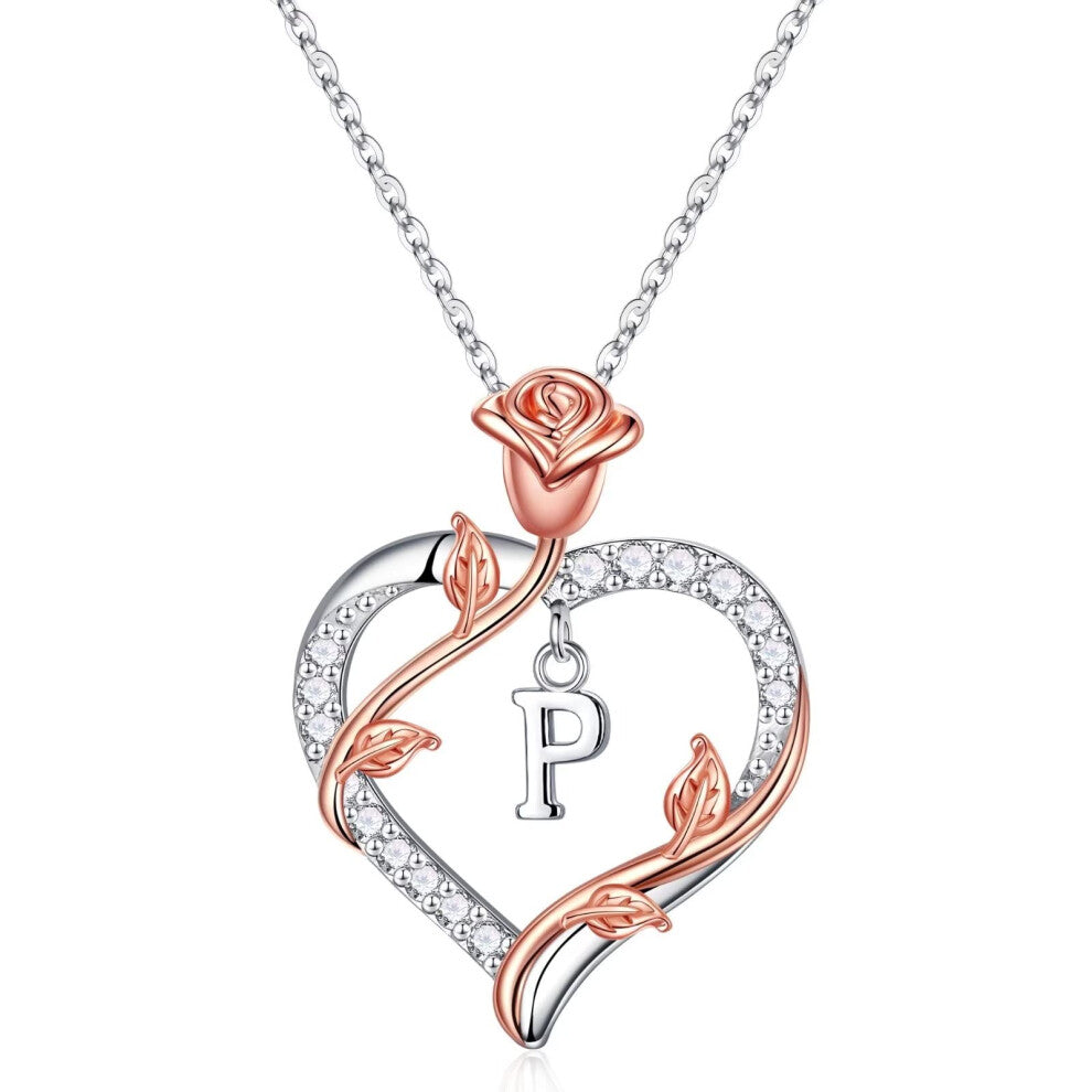 Vjoypro Rose Heart Initial Necklaces Gifts for Women  Letter P Initial Necklaces Rose Heart Pendant Necklace Anniversary Birthday Valentines Gifts for