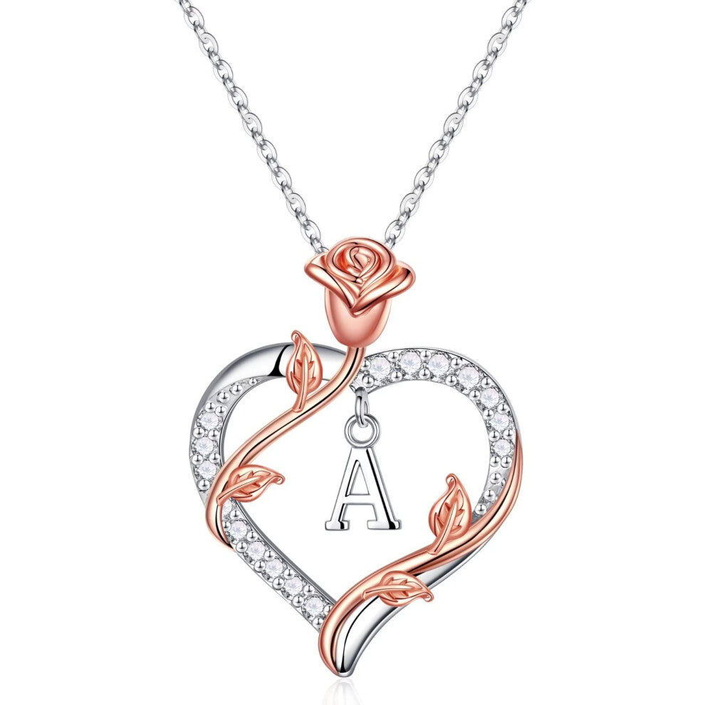 Vjoypro Necklace Gifts for Women Teen Girls Letter A Initial Necklaces Rose Flower Love Heart Pendant Necklace I Love You Anniversary Valentines