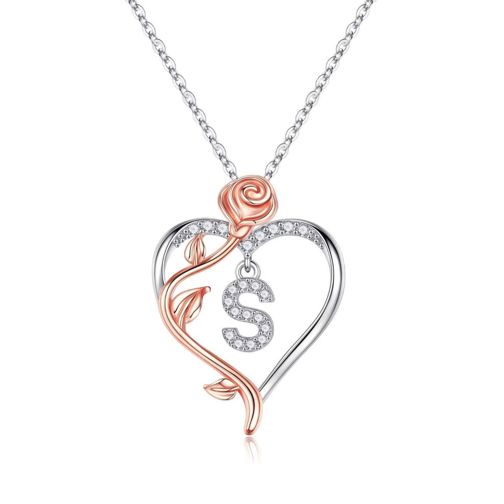 Yesteel Valentines Day Necklaces for Her Women Wife - Rose Heart Initial Necklaces for Women Teen Girls  Letter Pendant Initial S Necklace Jewelry Bir