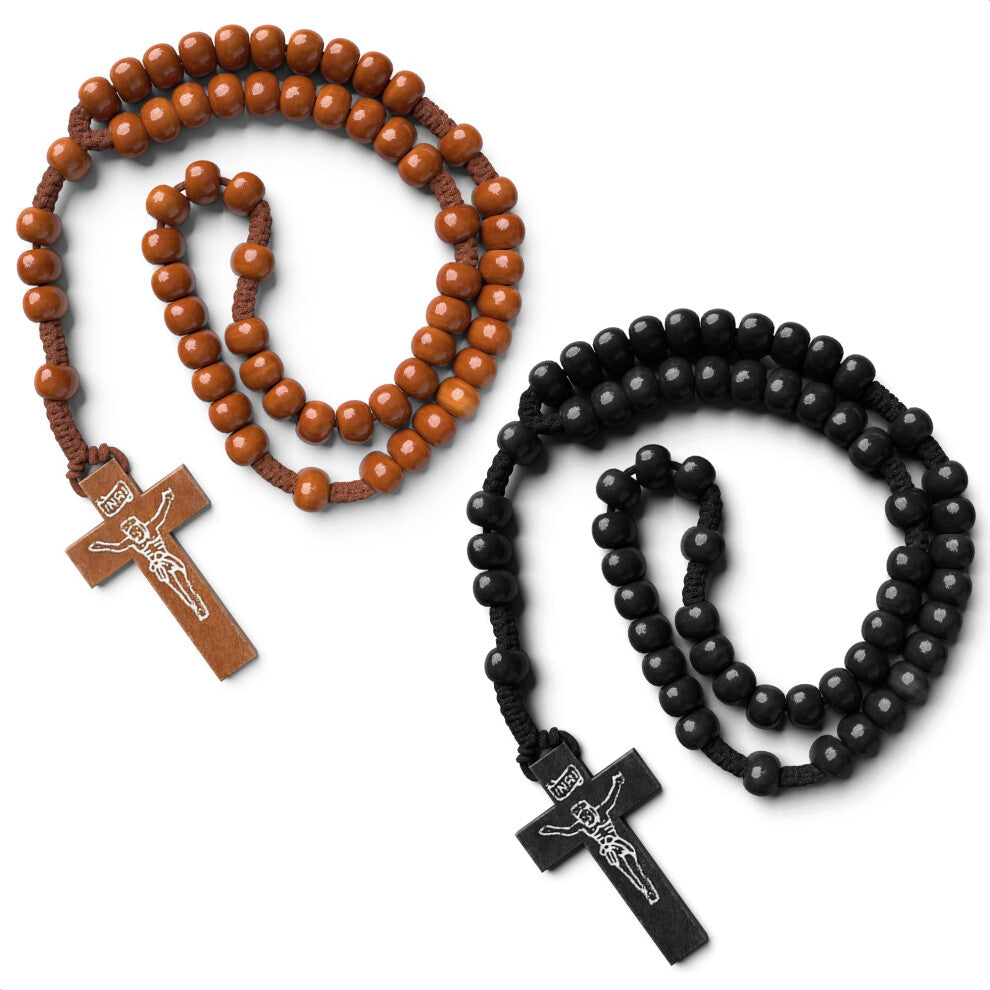 2Pcs Wooden Beads Rosary Necklace - Handmade Wooden Crosses Pendant Necklace Jesus Cross Necklace for Men Tan and Black Cross Necklace - Cross Necklac