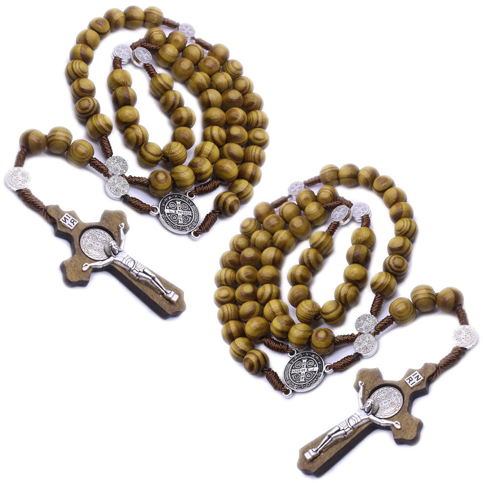 2 Pack Wooden Rosary Beads Catholic for Men  Saint Benedict Handmade Jesus Statue Cross Pendant Rosary Necklace