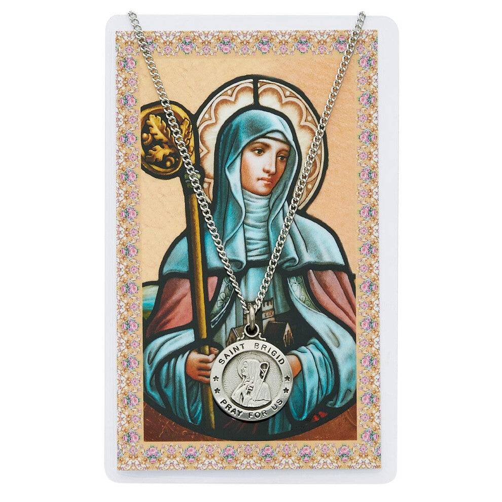Saint Brigid 3-4-inch Pewter Medal Pendant Necklace with Holy Prayer Card