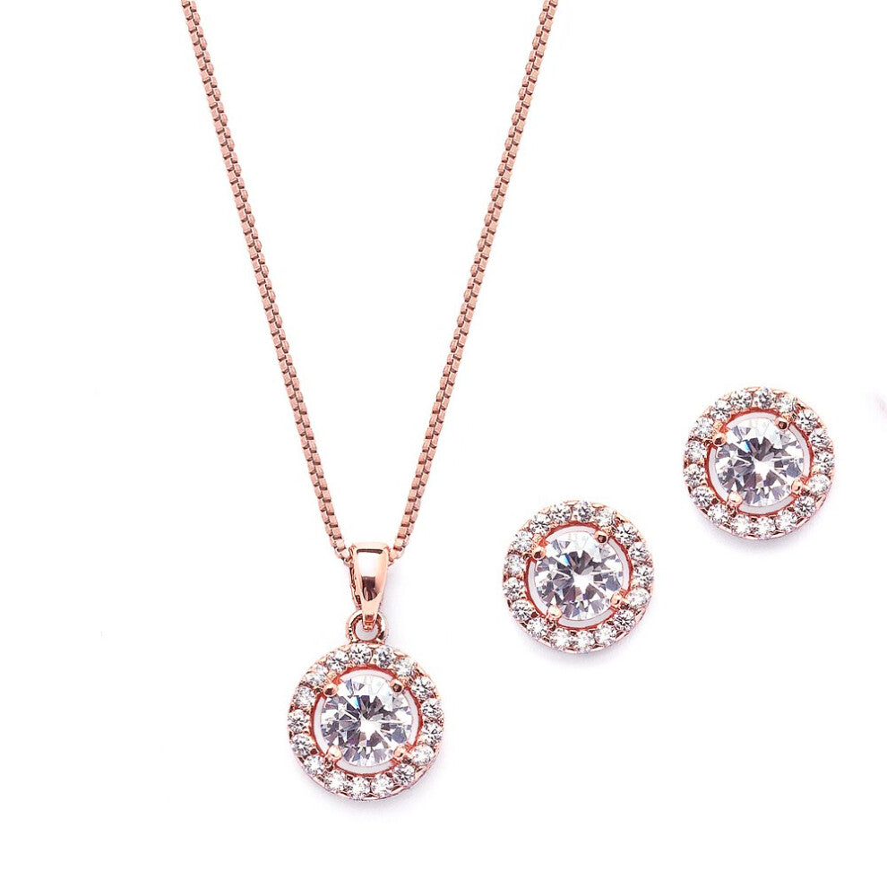 Mariell Bridal Wedding Necklace Set  Cubic Zirconia Pendant Necklace and Earrings Set  Rose Gold Jewelry
