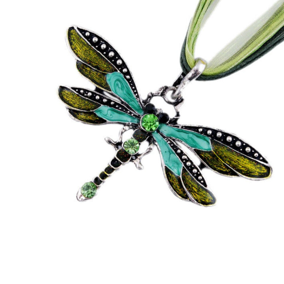AKOAK Fashion Creative Bohemian Jewelry Ethnic Multi-layer Chain Colorful Enamel Dragonfly Pendant Necklace(Green)