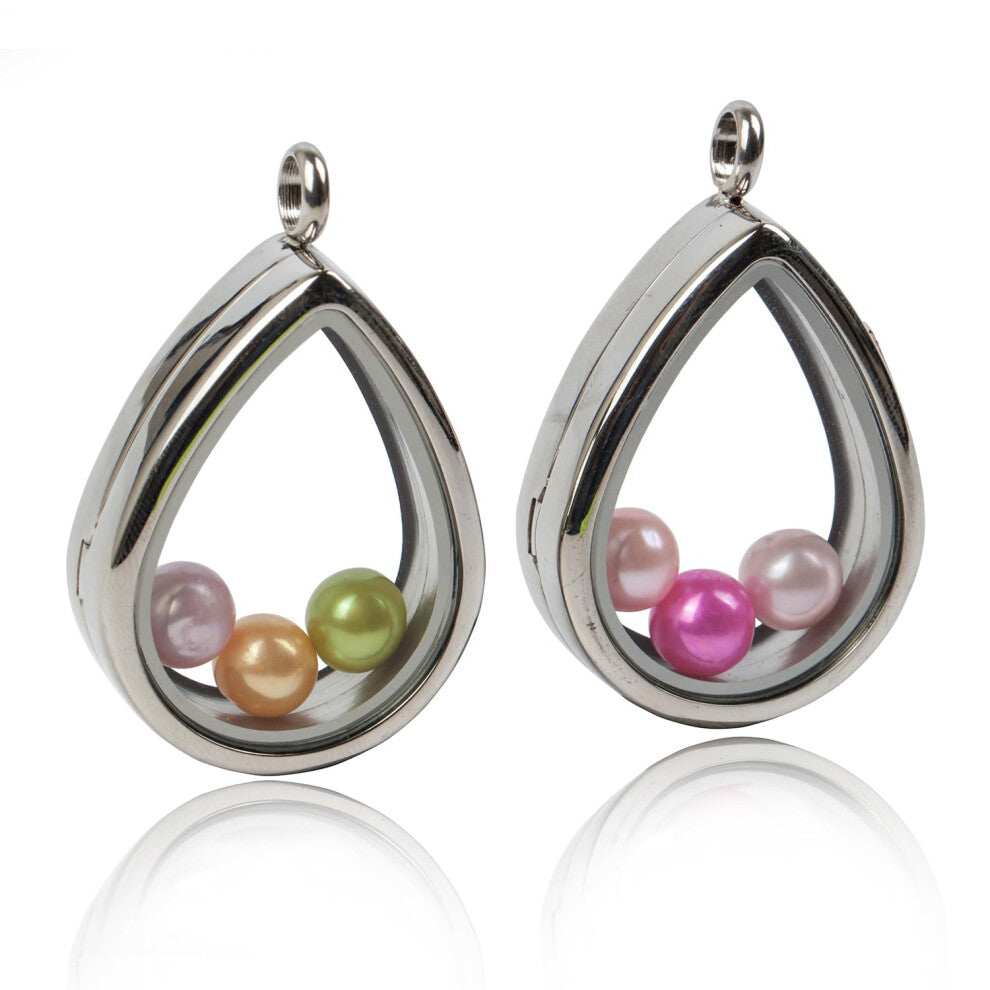 Africanbeads 2PCS 30MM Teardrop Floating Charm Locket Necklace with 6 Freshwater Pearls  316L Stainless Steel Clear Glass Locket Living Memory Pendant