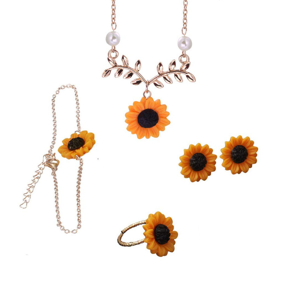 Set of 5 Sunflower Faux Pearl Leaf Chain Resin Boho Petal Pendant Necklace with Sunflower Bracelet Earrings Ring for Women Jewelry Accessories (Rose g
