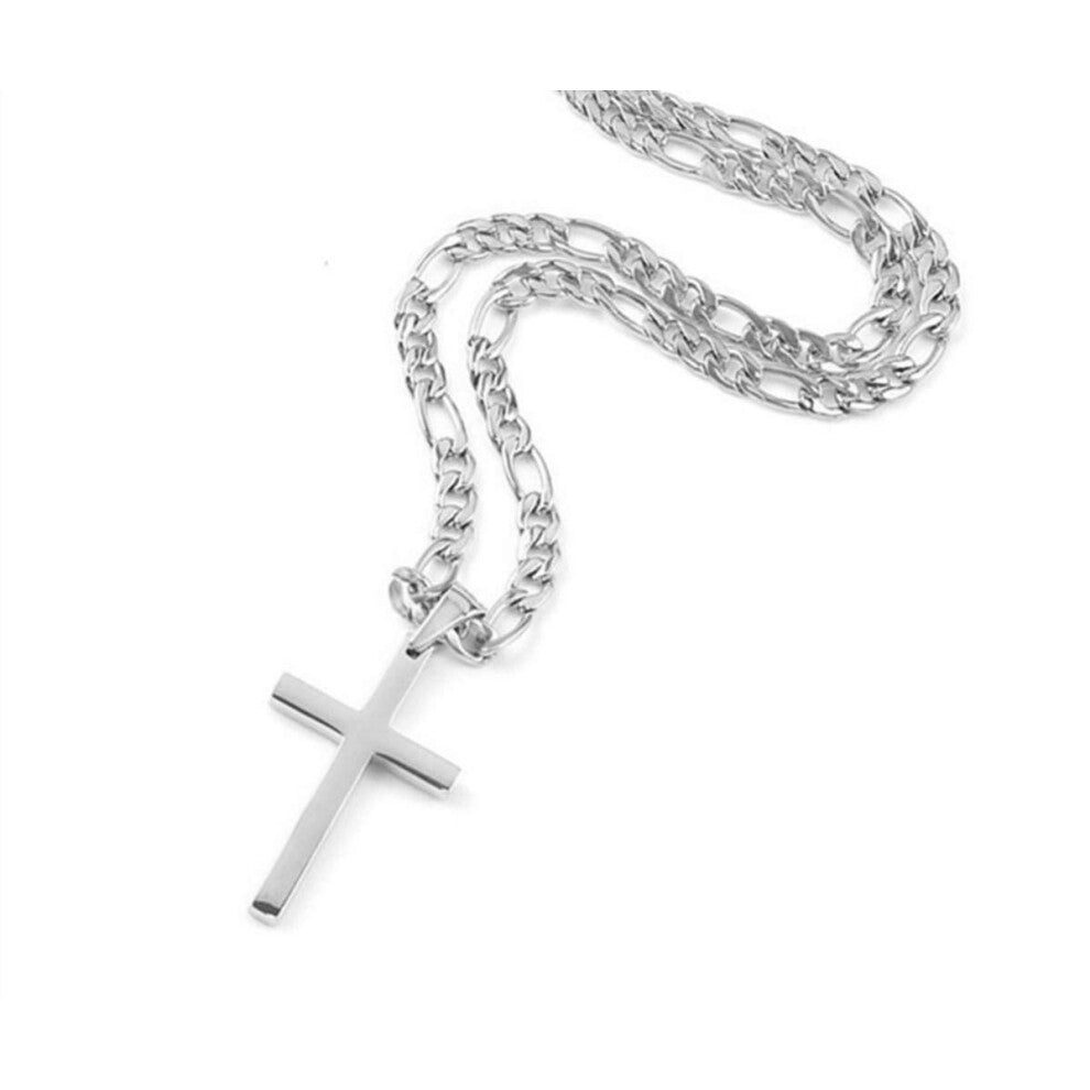 FZTN Jewelry White Gold Flat Figaro Chain Necklace with Cross Pendant for Men 20 Inch 18K White Gold Plated Stainless Steel Fashion Jewelry