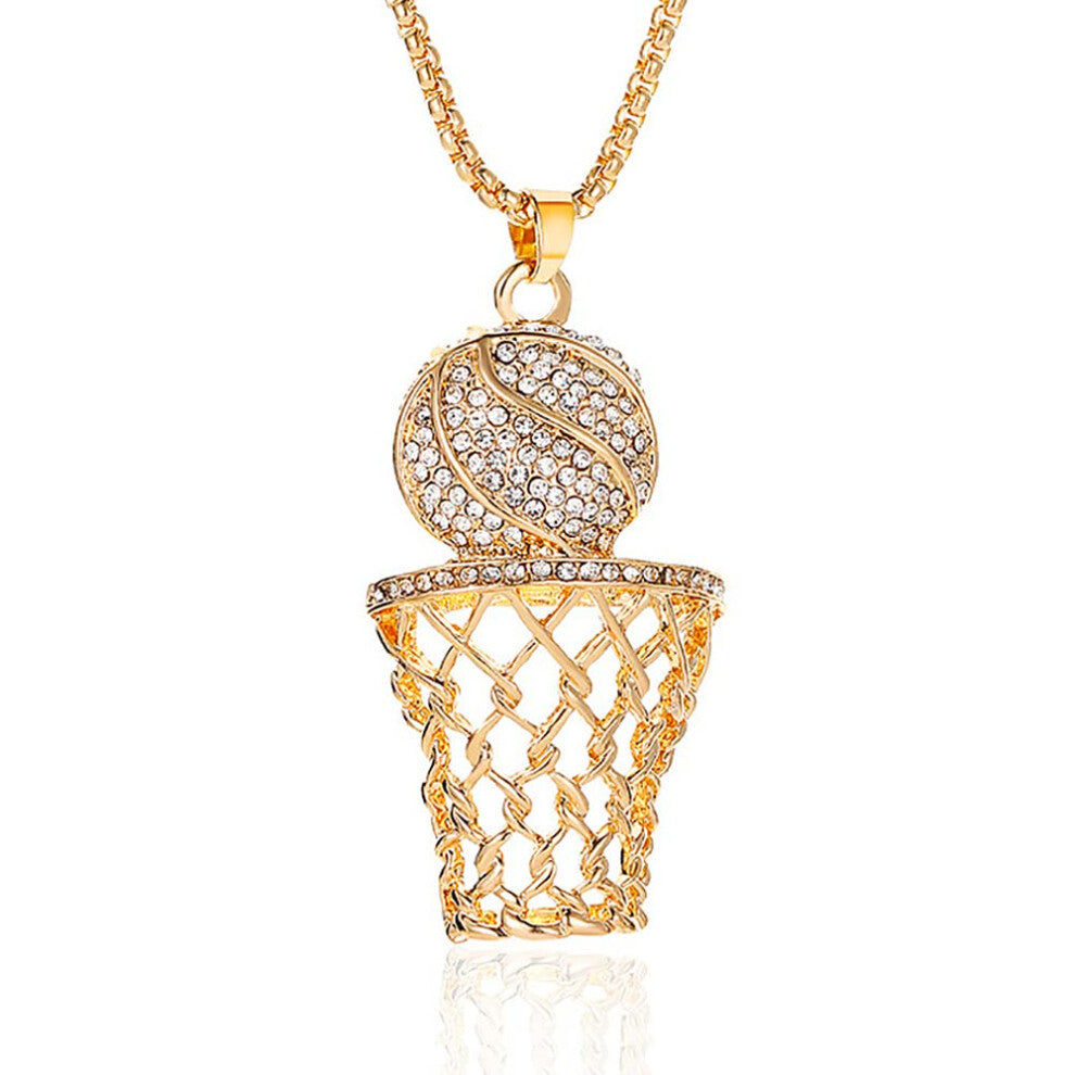 YOOESTORES82 Basketball Chain Necklace Basketball Necklace 14k Gold Basketball Pendant Necklace Hiphop Rhinestone Basketball Hoop Sports Necklace (Gol
