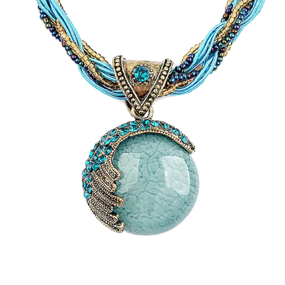 Harlorki Women Lady Handmade Retro Vintage Bohemian Style Twist Woven Rope Chain Turquoise Rhinestone Pendant Collar Necklace Fashion Jewelry