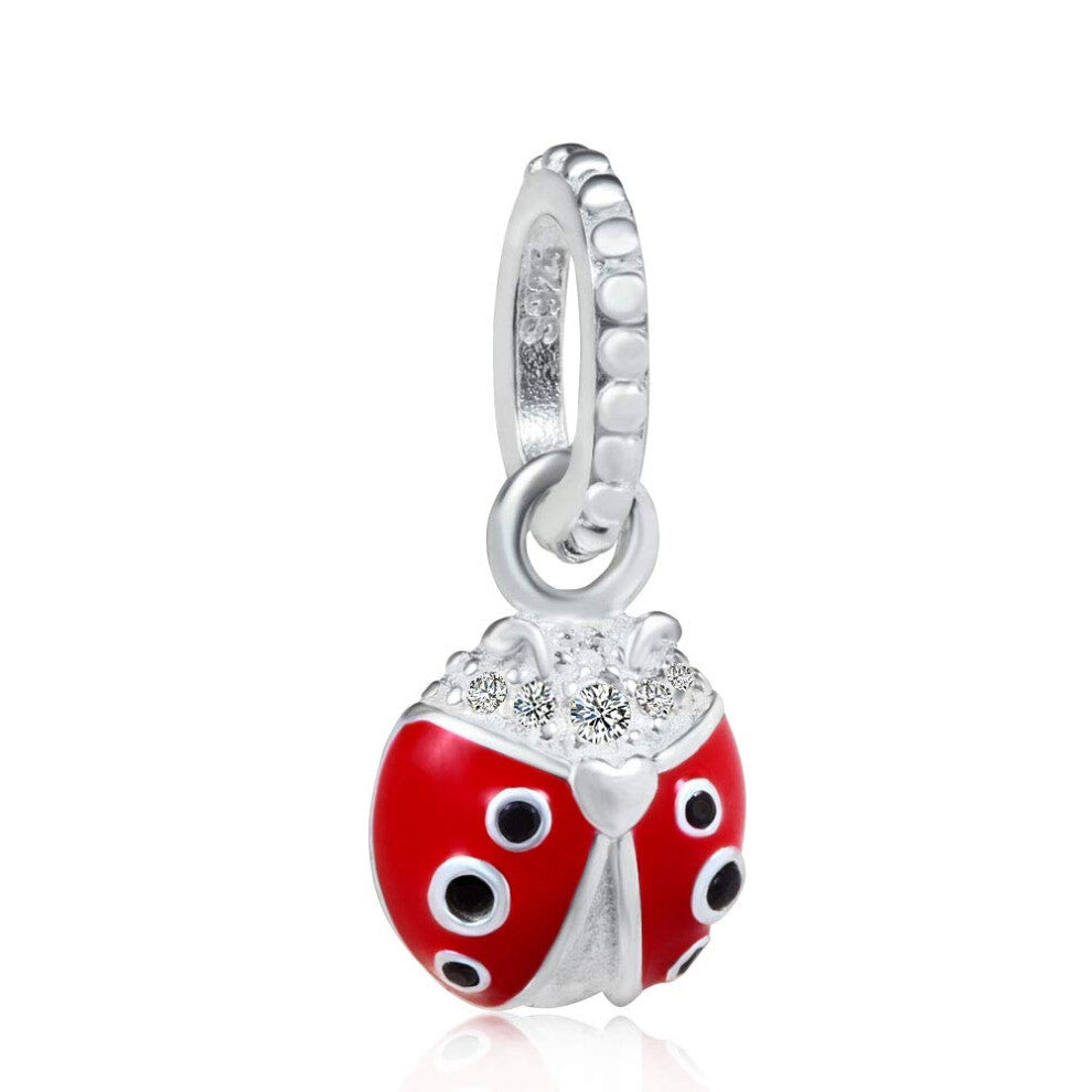 Luckybeads - July New Arrivals Ladybug charm 925 Sterling Silver Lady Bug Red Black Enamel Cubic Zirconia Crystal for Bracelet & Necklace(Ladybug char