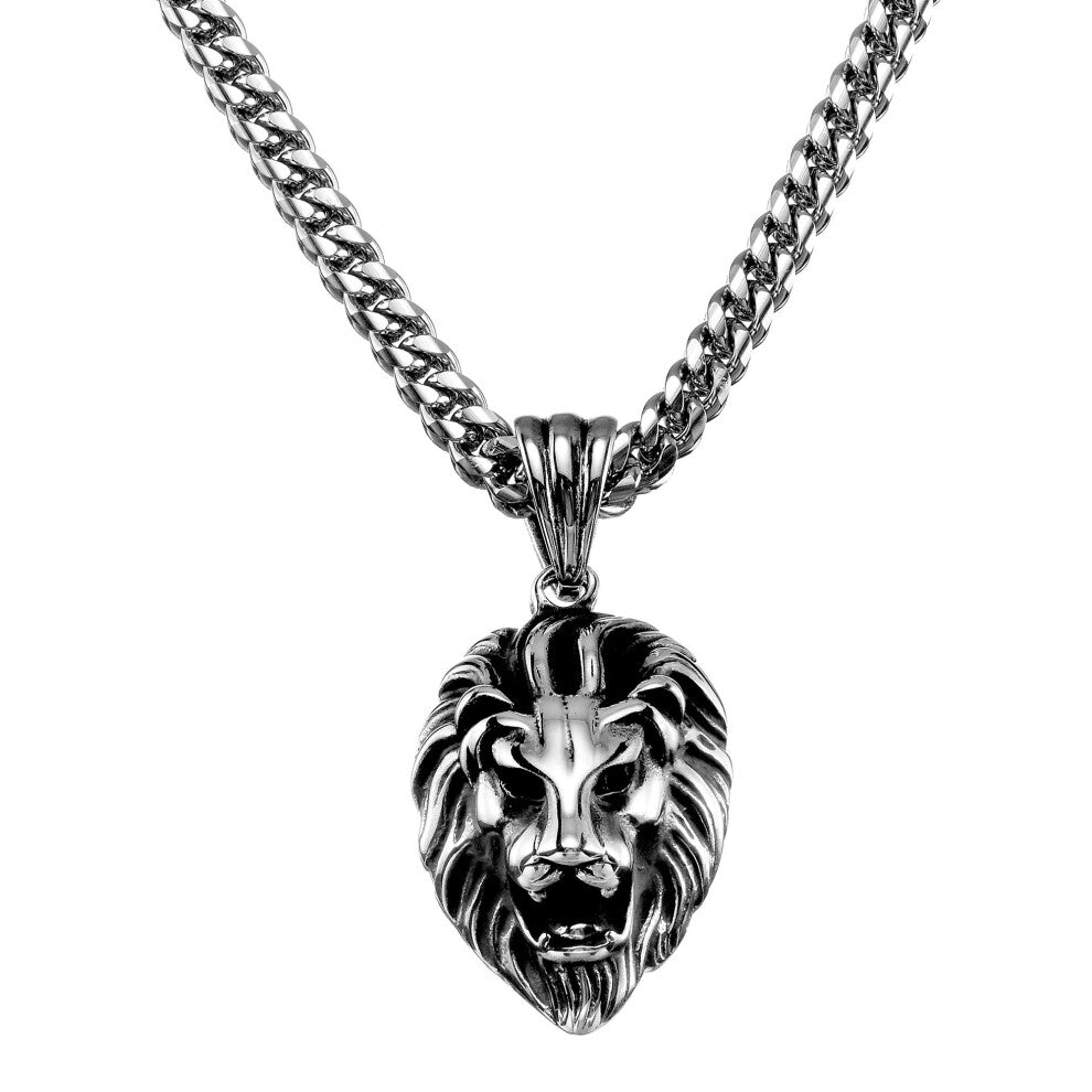 W-W Lifetime Lion Necklace High Polished and Blacked Stainless Steel Head Pendant Necklace Mens Hip Hop Rapper With 6MM Miami Stainless Steel Cuban Li
