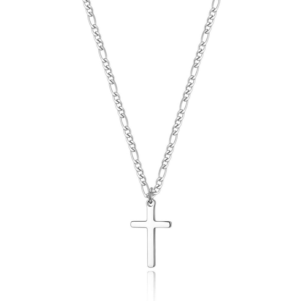 Cross Necklace for Men Figaro Chain Stainless Steel Plain Polished Cross Pendant Necklace Simple Faith Jewelry Gift for Women 18""""
