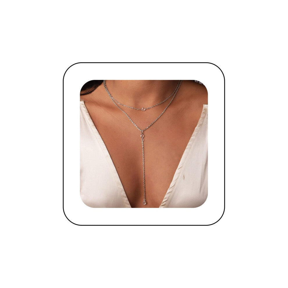 Andelaisi Boho Rhinestone Necklace Chain Round Crystal Lariat Necklace Silver Pendant Necklace Chain Long Crystal Chain Y Necklace Jewelry for Women