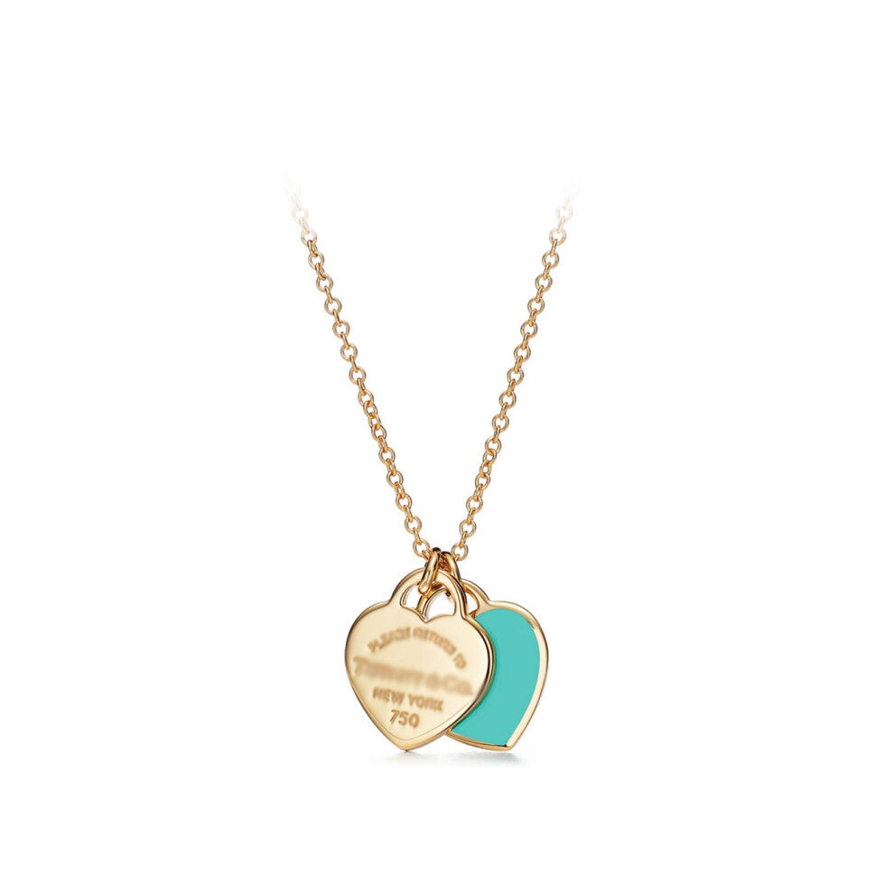 (Golden Double Heart Blue Necklace) Classic T-Home Double Heart Heart Pendant with Drip Glue and Diamond Plated Gold Plated Love Ti Family Fashion Nec