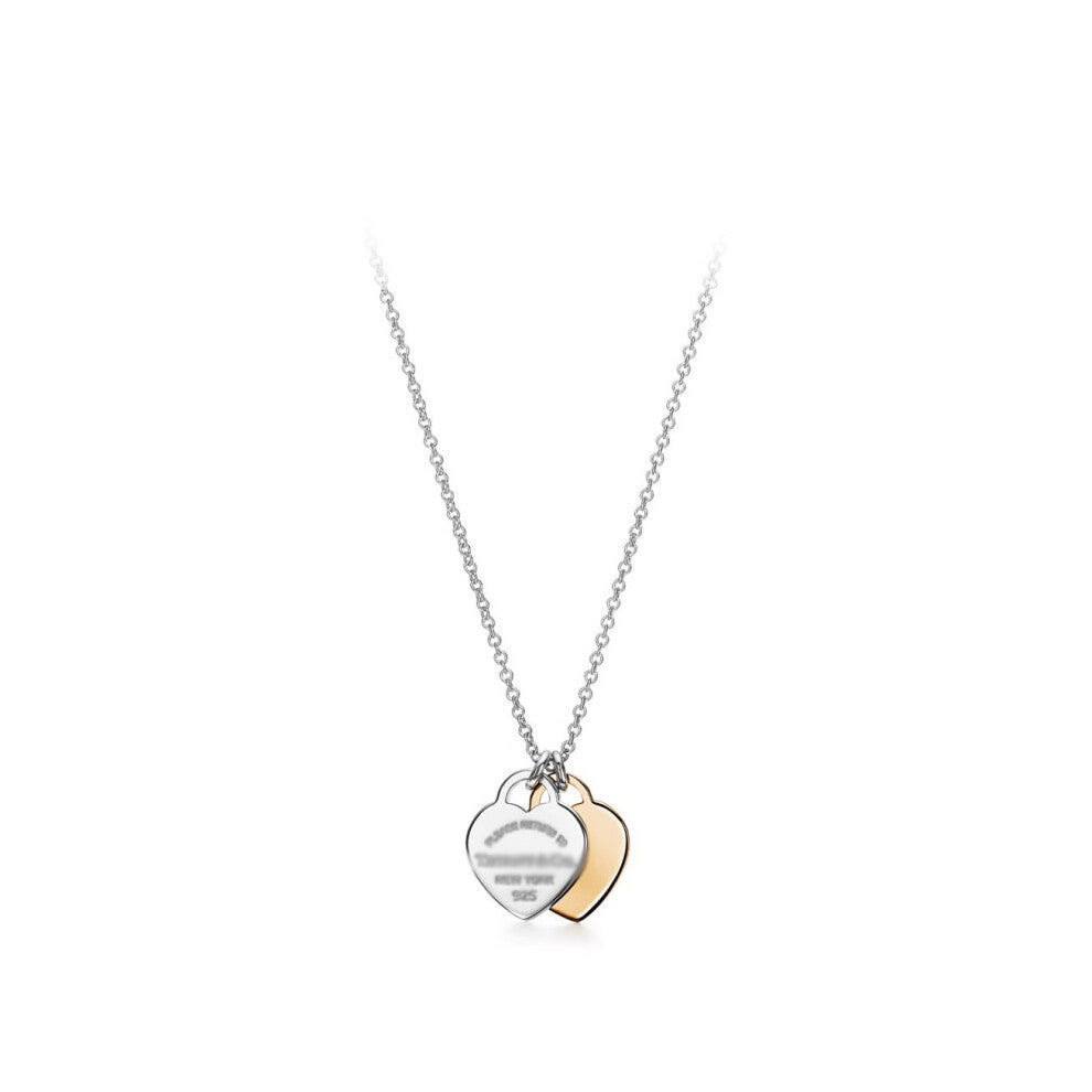 (Silver dual heart gold necklace) Classic T-Home Double Heart Heart Pendant with Drip Glue and Diamond Plated Gold Plated Love Ti Family Fashion Neckl