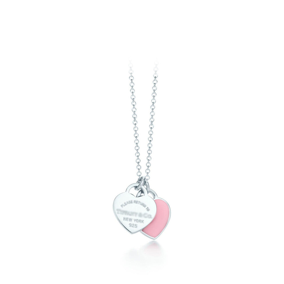 (Silver Double Heart Pink Necklace) Classic T-Home Double Heart Heart Pendant with Drip Glue and Diamond Plated Gold Plated Love Ti Family Fashion Nec