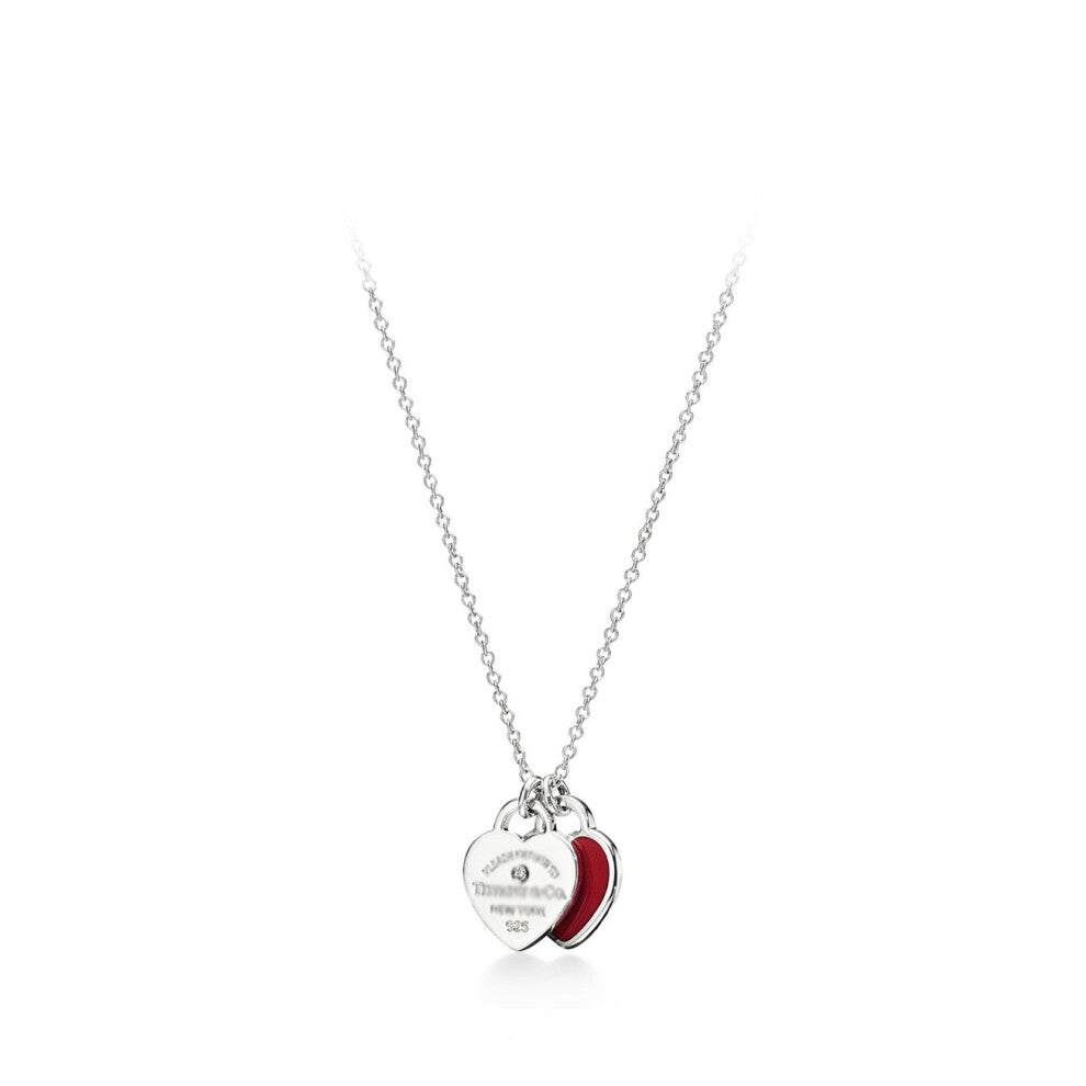 (Silver Double Heart Red Diamond Necklace) Classic T-Home Double Heart Heart Pendant with Drip Glue and Diamond Plated Gold Plated Love Ti Family Fash