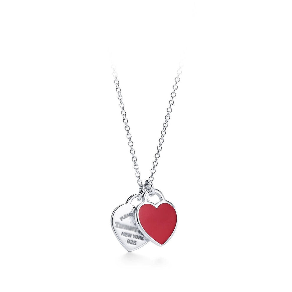 (Silver Double Heart Red Necklace) Classic T-Home Double Heart Heart Pendant with Drip Glue and Diamond Plated Gold Plated Love Ti Family Fashion Neck
