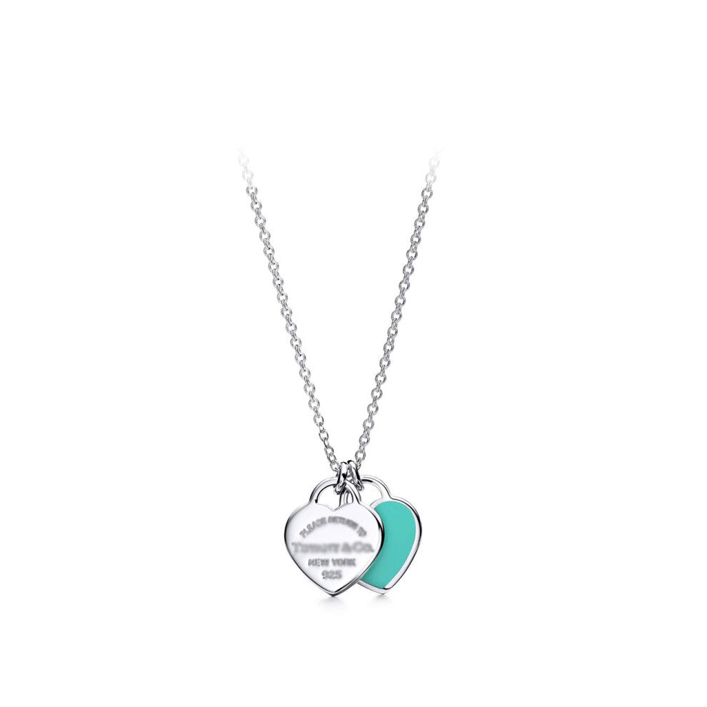 (Silver Double Heart Blue Necklace) Classic T-Home Double Heart Heart Pendant with Drip Glue and Diamond Plated Gold Plated Love Ti Family Fashion Nec