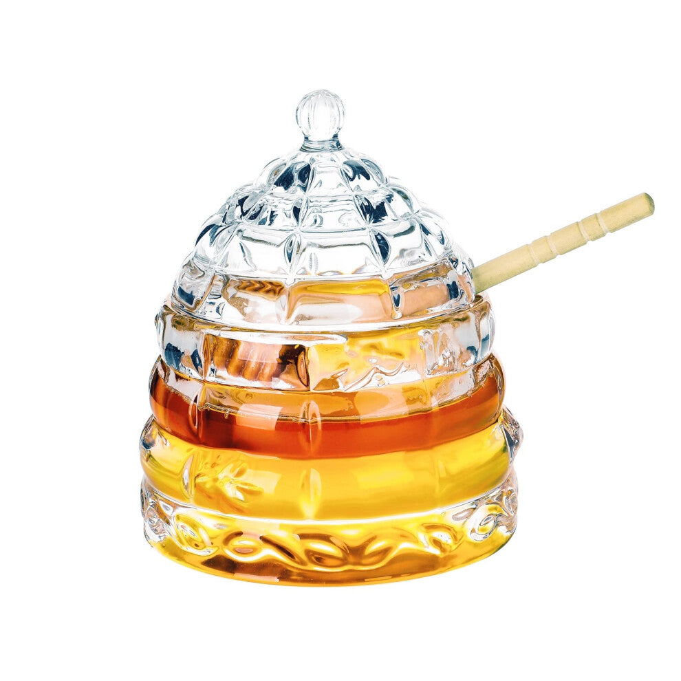 1500 C Tabletop Bee-hive Glass Honey Jars with Dipper and Lid 10 oz. Crystal Clear Heavy Glass Honey Pot Honey Containers Holder for Jam Jelly Syrup H