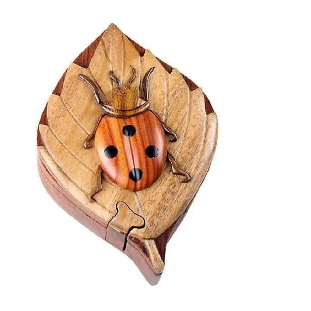 Lady Bug - Secret Wooden Intarsia Puzzle Box - Handcrafted from Natural Exotic Woods