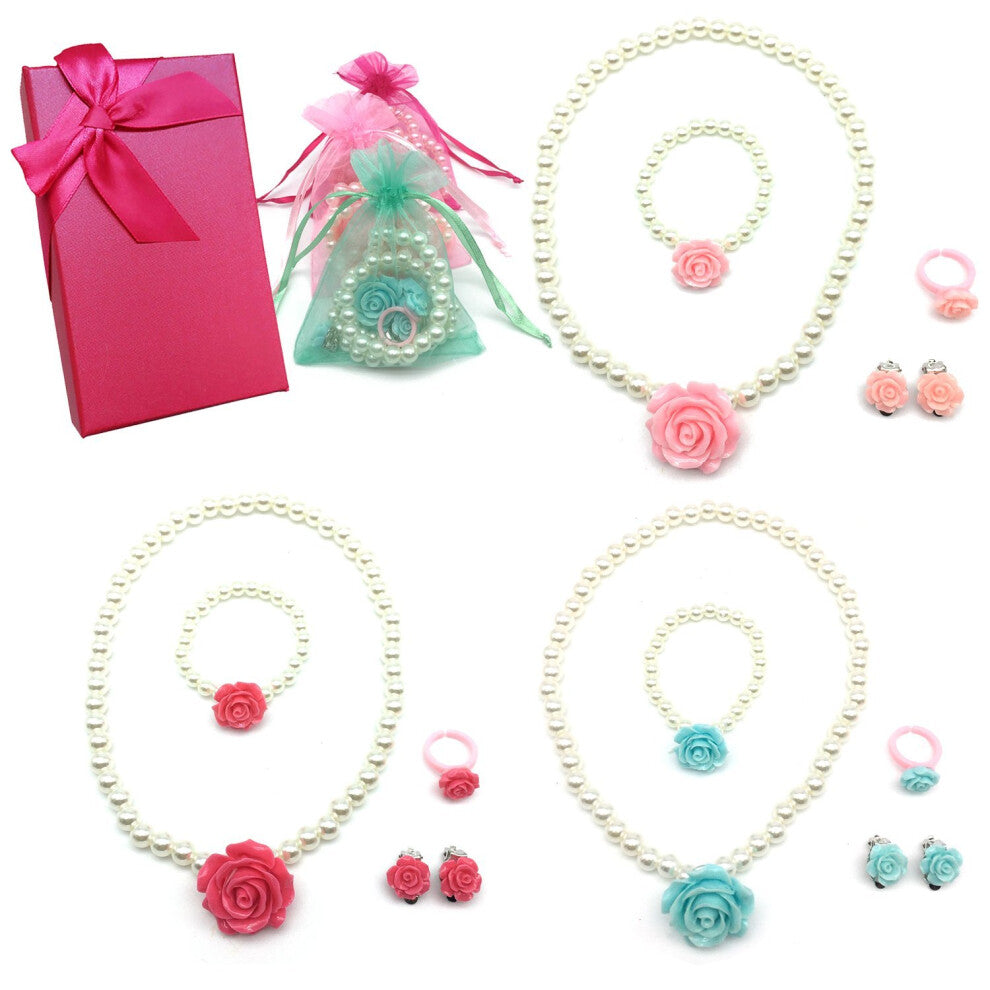 Elesa Miracle Girl Party Favor Pretend Play Princess Rose Pearl Jewelry Value Set - Necklace  Bracelet  Earrings  Ring