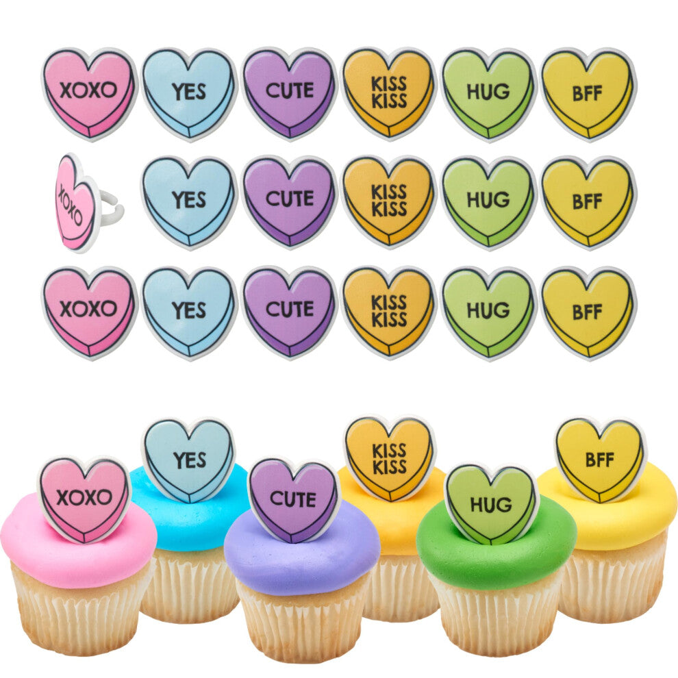 DecoPac Candy Heart Rings  24 Cupcake Decorations For Valentine's Day  Wedding  Anniversary  Food Safe Cake Toppers - 24 Pack