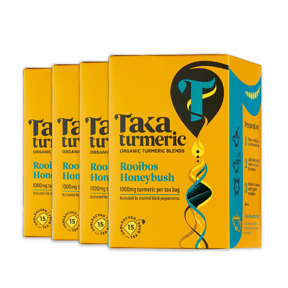 Taka Turmeric 4 pack 60 Teabags Organic Rooibos & Honeybush Tea Bags with Turmeric & Black Peppercorns Redbush & Rooibos Tea Bags Recyclable Packaging