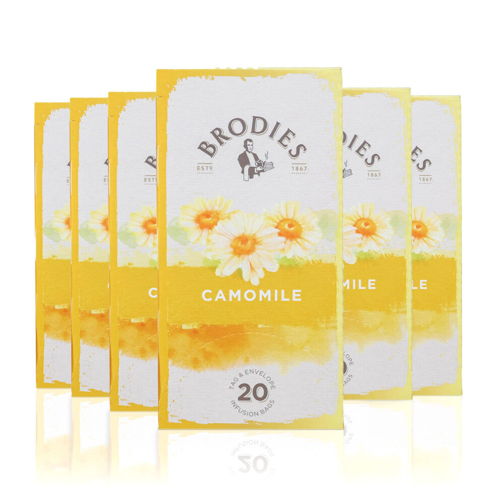 Brodies Camomile Tag and Envelope - 6 Tea Boxes of 20 Tea Bags each (Total 120 Tea Bags) - well known for its Relaxing and Sleep-inducing properties.