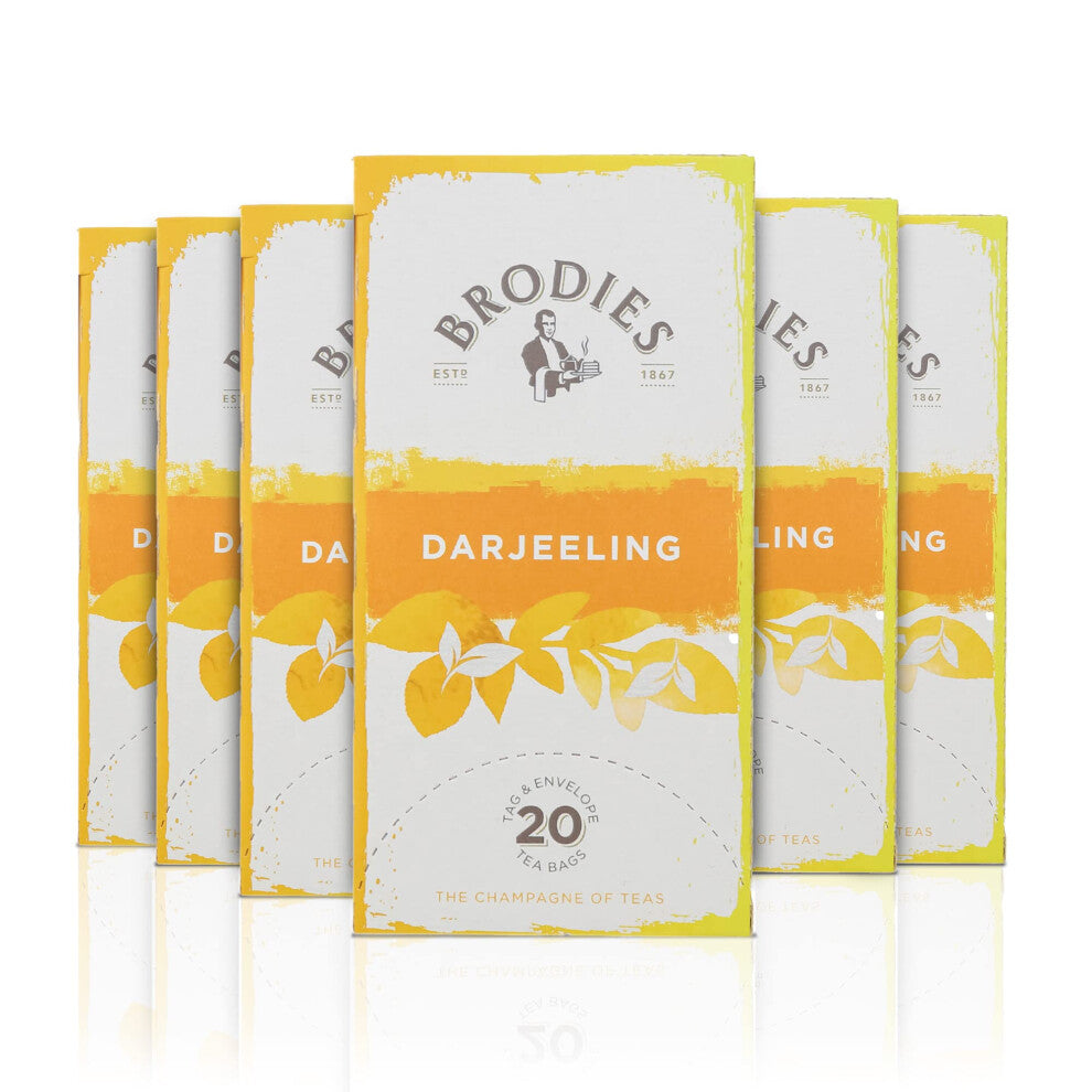 Brodies Darjeeling Tag and Envelope - 6 Tea Boxes of 20 Tea Bags each (Total 120 Tea Bags) - The Champagne of tea with a penetrating but delicate