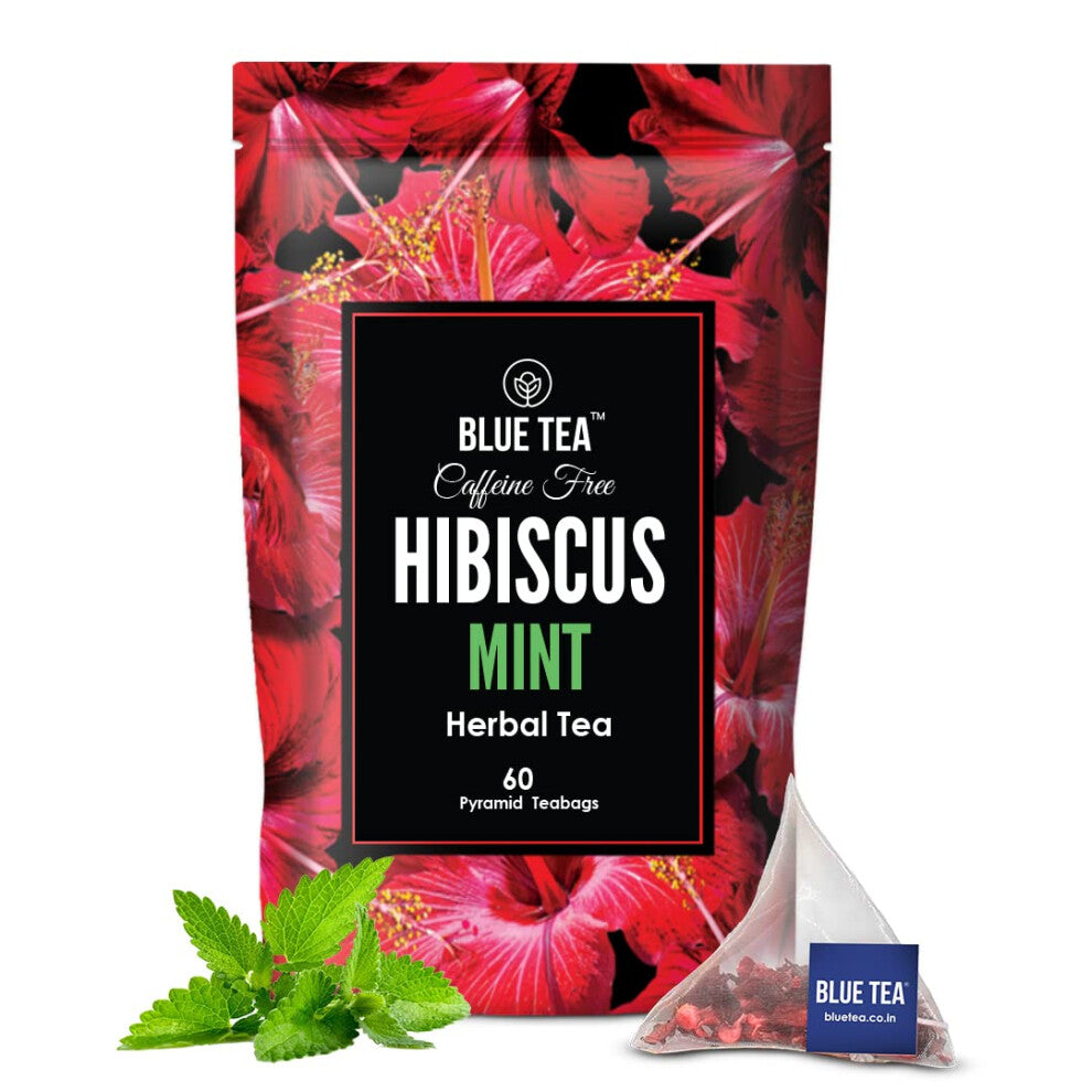 BLUE TEA - Hibiscus Mint Herbal Tea - 60 Tea Bags | SKIN GLOW ENHANCING TEA | Caffeine-Free | Hibiscus + Mint | Vegan - Gluten Free | Ziplock Pouch