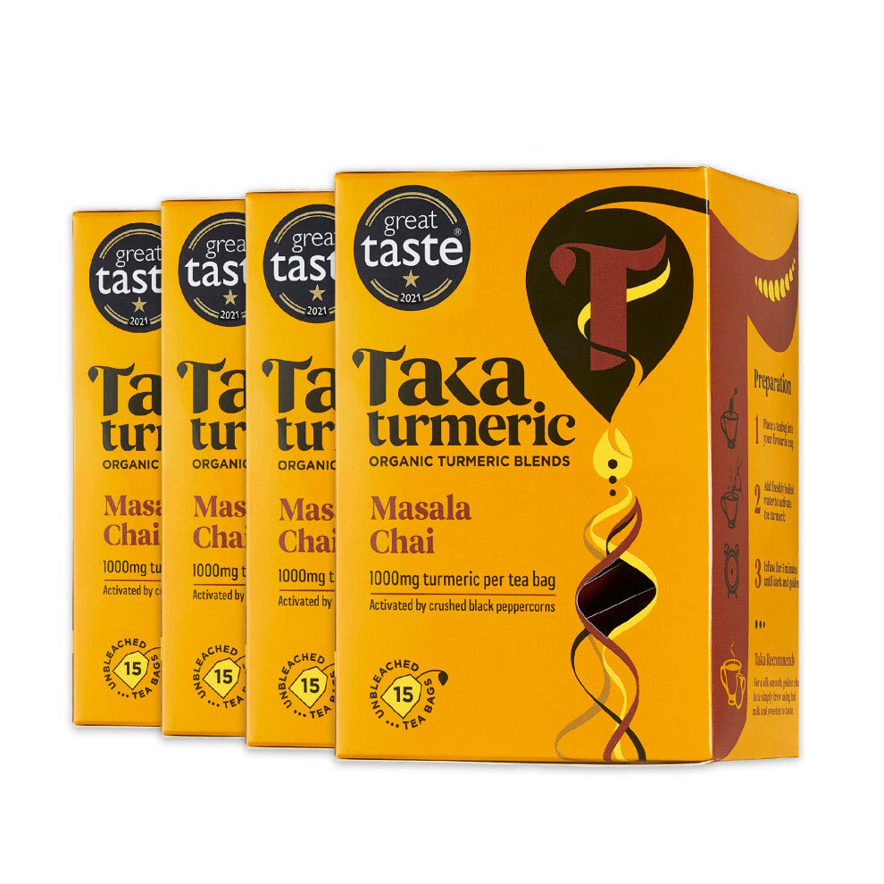 Taka Turmeric, 4 pack (60 Teabags) Organic Masala Chai Tea Bags with Turmeric & Black Peppercorns, Turmeric Tea, Herbal Tea, Flavoured Tea, No Added