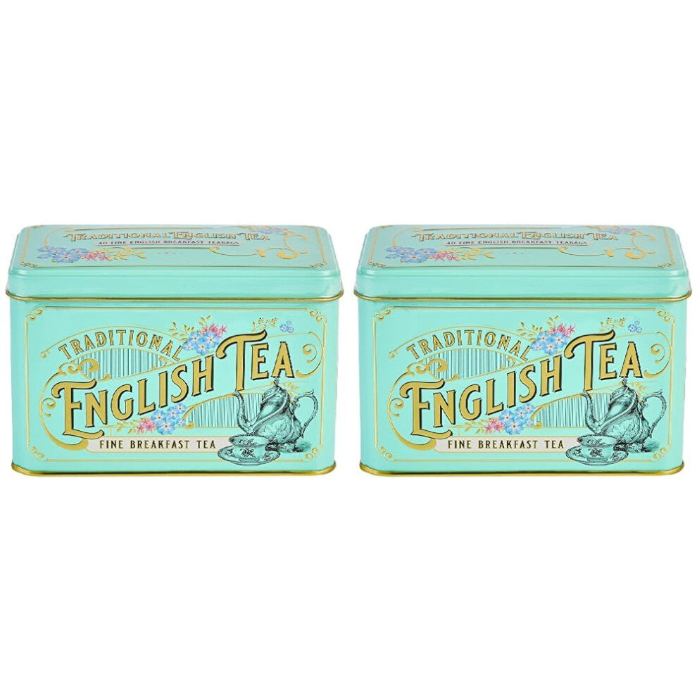 New English Teas Vintage Victorian Tea Caddy w- 40 English Breakfast Tea Bags Forget Me Not Florals Black Tea Mint Green Small Tea Tin (Pack of 2)