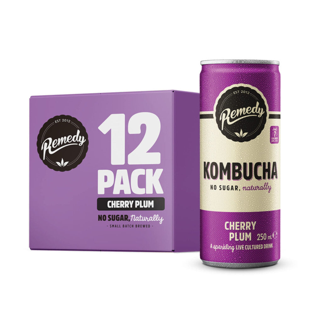 Remedy Kombucha Tea - Cherry Plum Sparkling Live Cultured Drink Naturally Sugar Free Soft Drink Prime Probiotic Drink for Gut Health 12 x 250ml