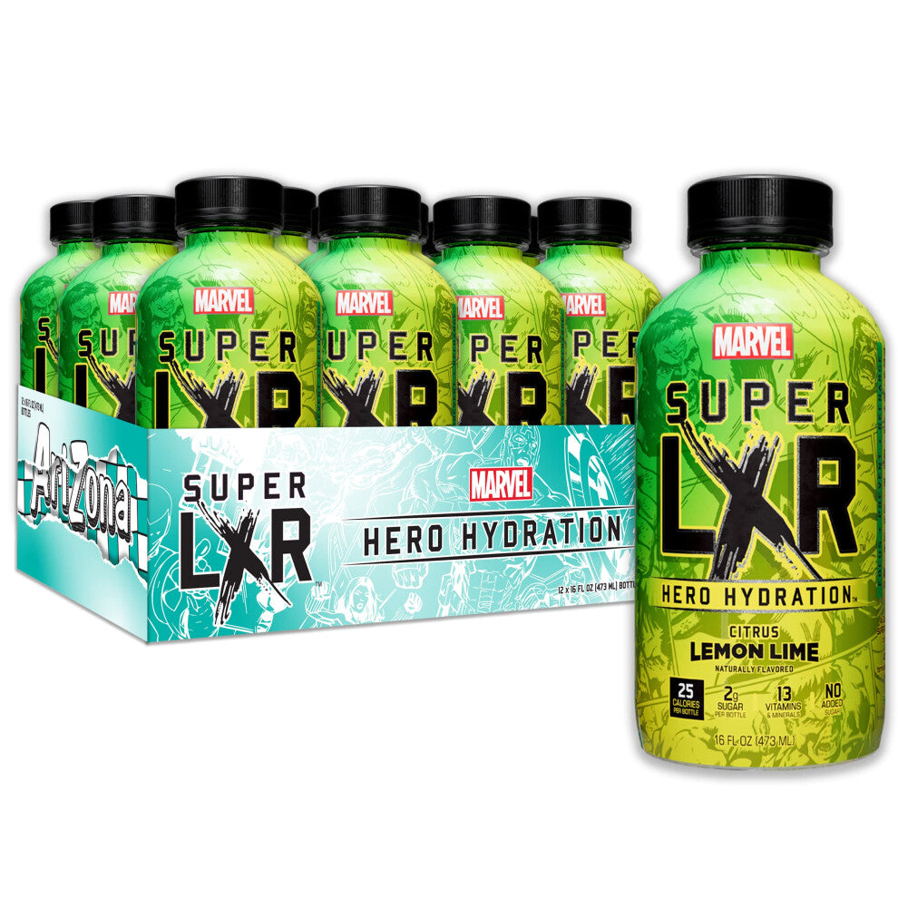 Arizona x Marvel Super LXR Cirtus Lemon Lime Hero Hydration Drink, Pack of 12 x 473ml PET Bottles Sports Drink with Electrolytes & Vitamins