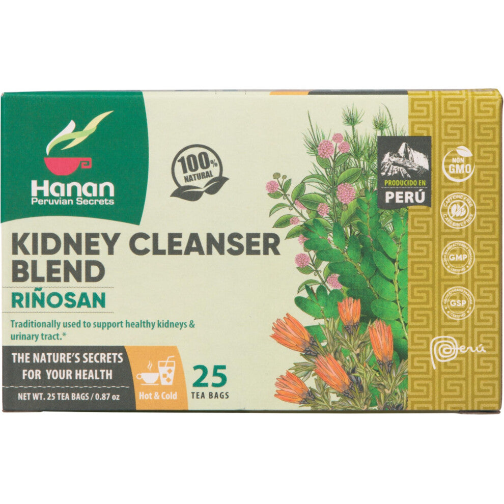 Peruvian Naturals Riñosan Kidney Cleanser Blend Herbal Tea of Chanca Piedra Cat's Claw Horse Tail & Huamanpinta 25 Teabags for Kidney Cleanse Stones