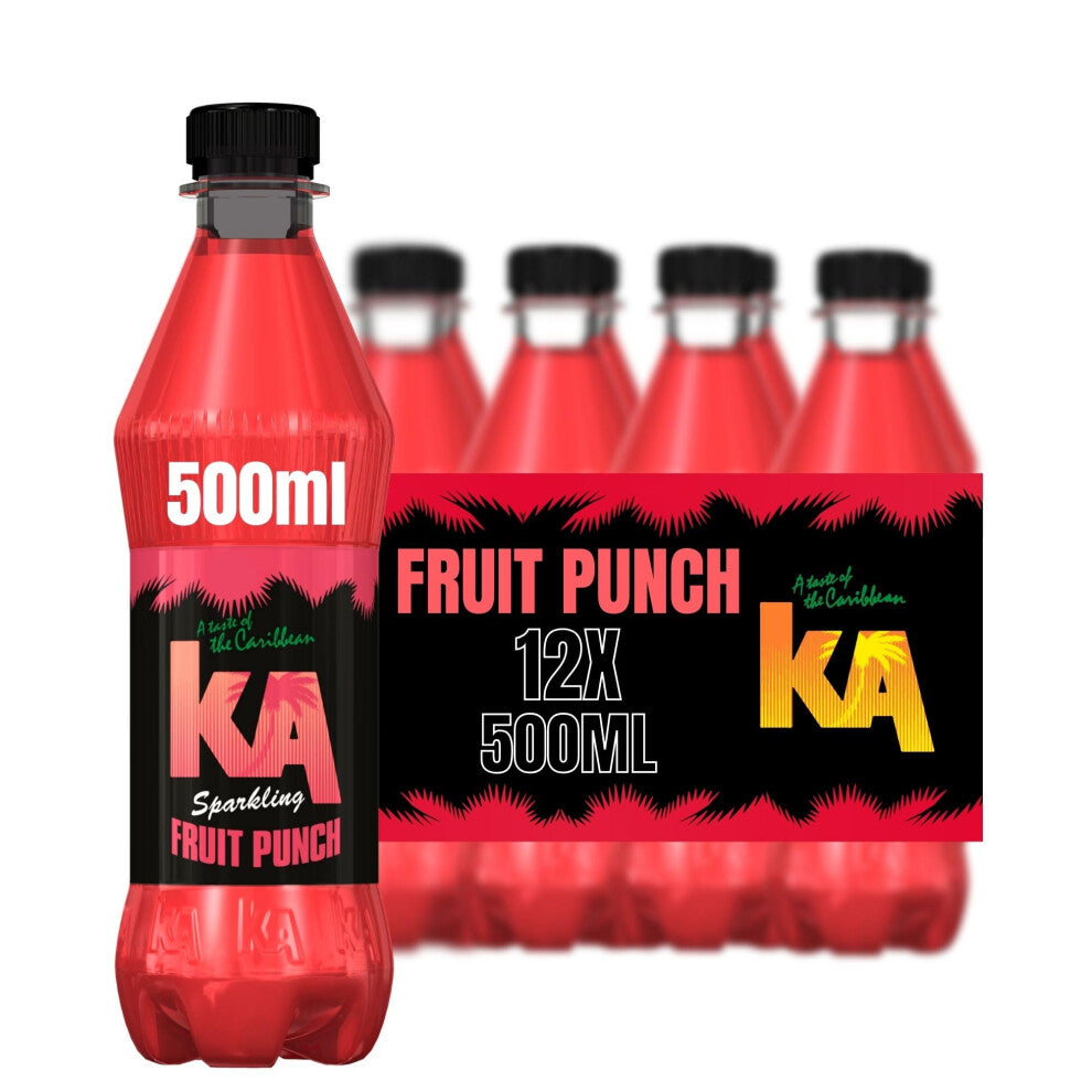 KA Caribbean 12 Pack Sparkling Fruit Punch Soda Flavoured Drink, Authentic Jamaican Recipes - 12 x 500ml Bottles - Drink on the Go
