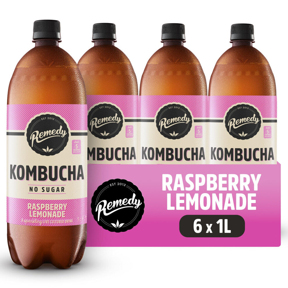 Remedy Kombucha Tea - Raspberry Lemonade - Sparkling Live Cultured, Naturally Sugar Free Soft Drink - Probiotic for Gut Health - 6 x 1L Case (Bottles)
